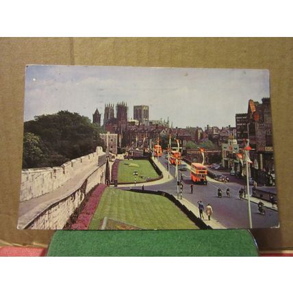 YORK MINSTER FROM CITY WALLS used vintage postcard by Lilywhite red buses =
