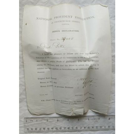 1877 National Provident Institution bonus declaration, Fred Pitts