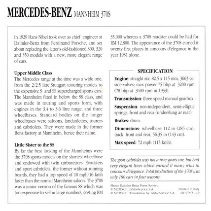Collectors Club card. Classic Cars. Mercedes-Benz Mannheim 370S
