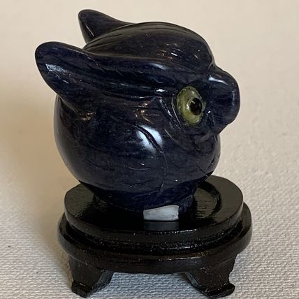 Blue Sodalite Owl Figurine Vintage Fine Chinese Carved Bird W Stand 1.4" READ**