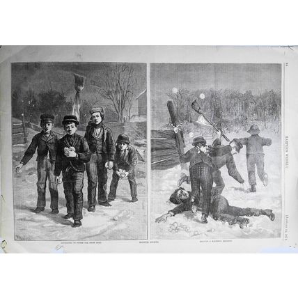 "Winter Sports" - a snowball fight. Harper's Weekly, January 24, 1874. Original