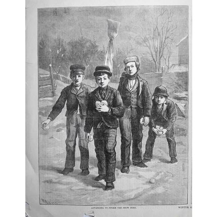 "Winter Sports" - a snowball fight. Harper's Weekly, January 24, 1874. Original
