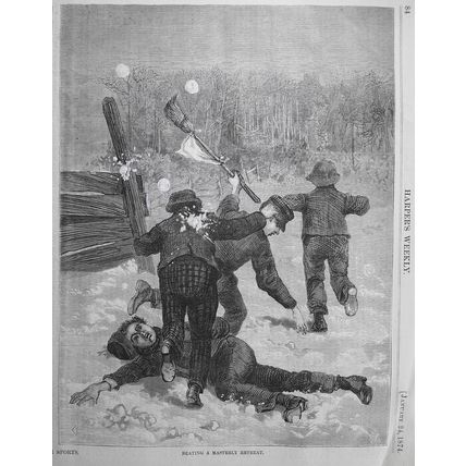 "Winter Sports" - a snowball fight. Harper's Weekly, January 24, 1874. Original