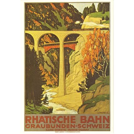 Rhatische Bahn 1911 Graubunden Railway Bridge Switzerland Poster Postcard