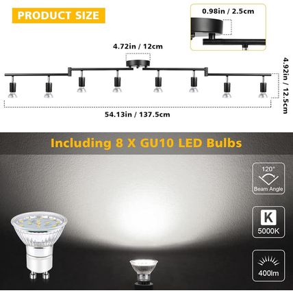 Unicozin LED 8 Light Track Lighting Kit, Black 8 Way Ceiling Spot Lighting, Flex
