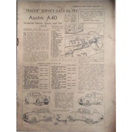 AUSTIN A40 SOMERSET, SPORTS & VAN 1952 MOTOR TRADER SERVICE BOOKLET No. 193