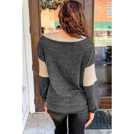 Black Brushed Contrast Knit V Neck Colorblock Long Sleeve Top
