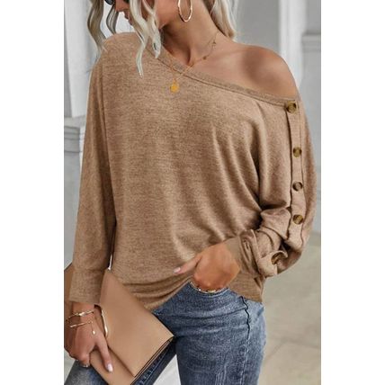 Khaki Solid Color Button Decor Dolman Sleeve Top