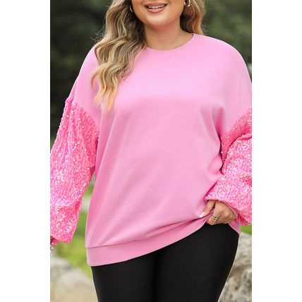 Pink Plus Size Sequin Sleeve Drop Shoulder Sweatshirt