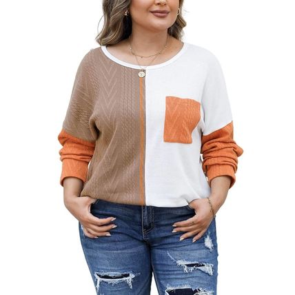 Chestnut Plus Size Color Block Textured Patchwork Top with Pocket