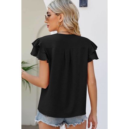 Black V Neck Ruffle Short Sleeve Blouse