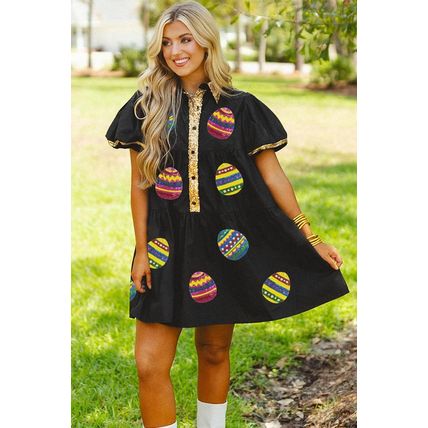 Black Glistening Easter Egg Sequin Trim Half Button Puff Sleeve Dress