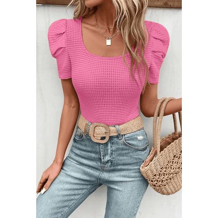 Bright Pink Waffle Knit Ruched Puff Sleeve Top