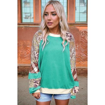 Aruba Blue Plaid Vintage Paisley Patchwork Long Sleeve Raglan Top