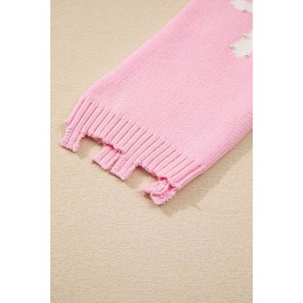 Pink Pearl Beaded Bowknot Pattern Distressed Split Hem Sweater