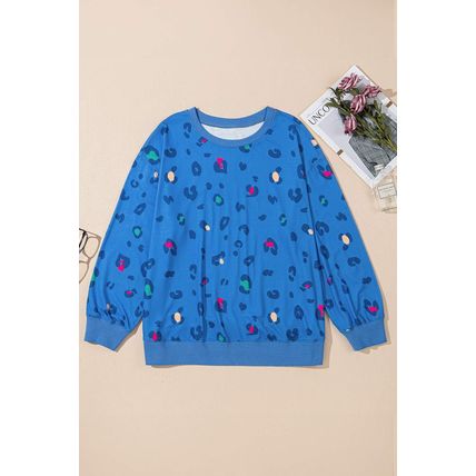 Sky Blue Leopard Ribbed Edge Drop Shoulder Pullover Sweatshirt