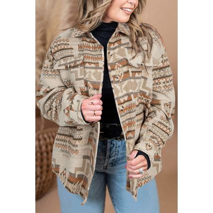 White Aztec Geometric Print Pockets Plus Size Jacket