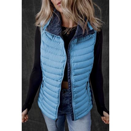 Sky Blue Plush Collared Quilted Zipped Puffer Vest
