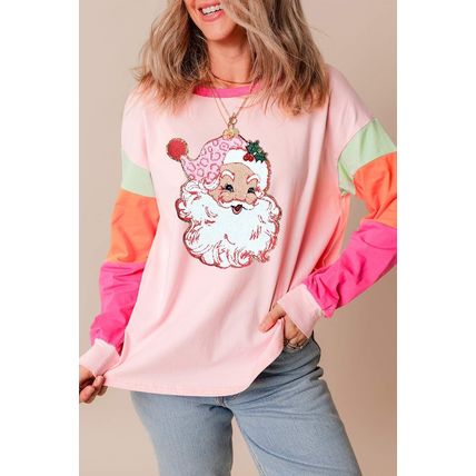 Pink Christmas Santa Claus Graphic Colorblock Patchwork Top