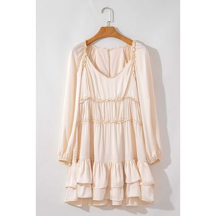 Apricot Tiered Ruffled Puff Sleeve Loose Fit Mini Dress