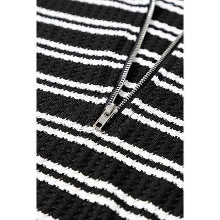 Black Stripe Textured Quarter Zip Collar Long Sleeve Top