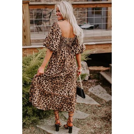 Brown Leopard Print Bubble Sleeve Square Neck Maxi Dress