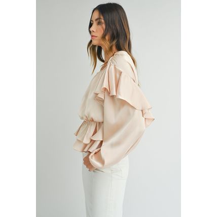 Oatmeal Lace-up Keyhole Back Ruffled Peplum Blouse