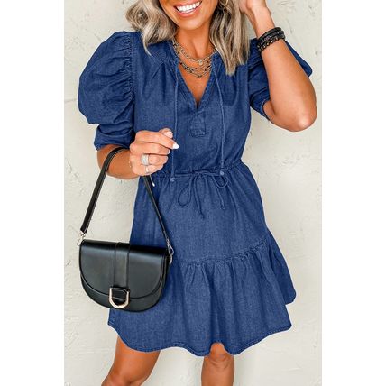 Blue Drawstring High Waist Puff Sleeve Denim Mini Dress