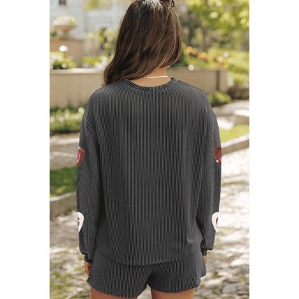 Carbon Grey Valentine Sequin Heart Corded Pullover and Shorts Set