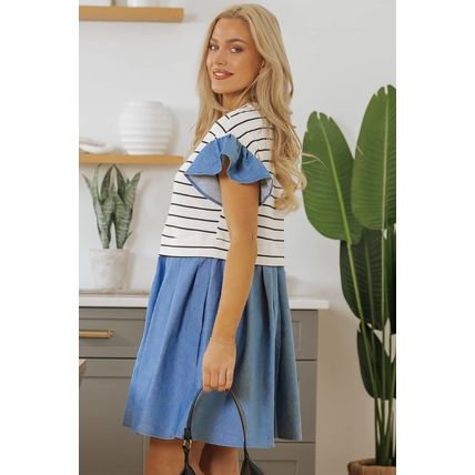 Black Stripe Ruffle Denim Patchwork Round Neck Mini Dress