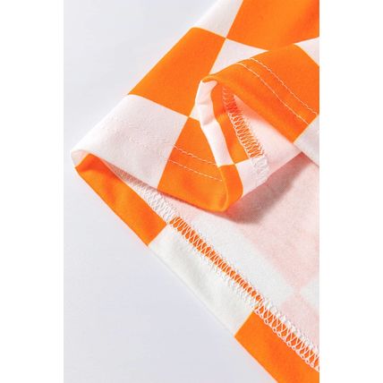 Orange Checkerboard Print V Neck Loose Tee and Shorts Lounge Set