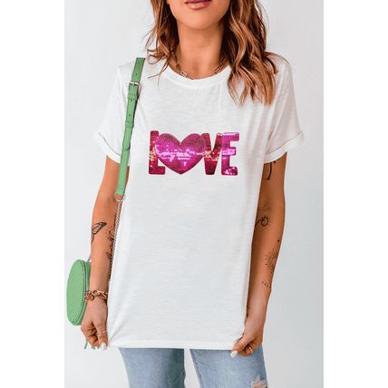 White Heart LOVE Patched Pattern Crewneck Valentines T Shirt