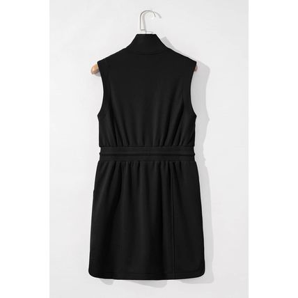 Black French Terry Zipped Collar Sleeveless Drawstring Waist Mini Dress