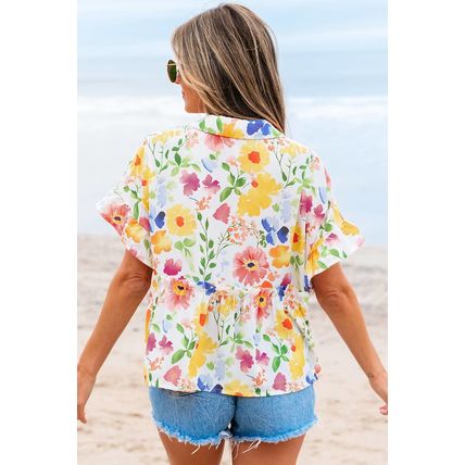 Yellow Floral Boxy Fit Ruffled Short Sleeve V Neck Blouse