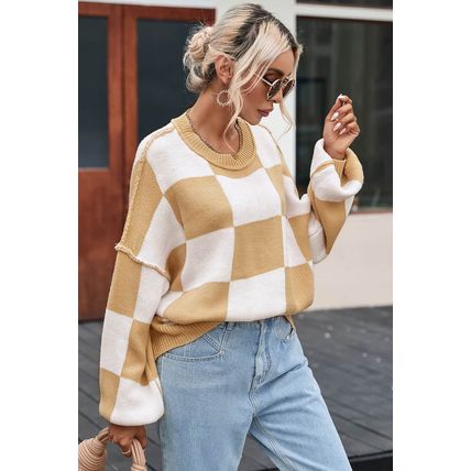 Khaki Checkered Bishop Sleeve Sweater