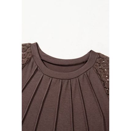 Dark Brown Contrast Lace Raglan Sleeve Pleated Detail Shift Dress