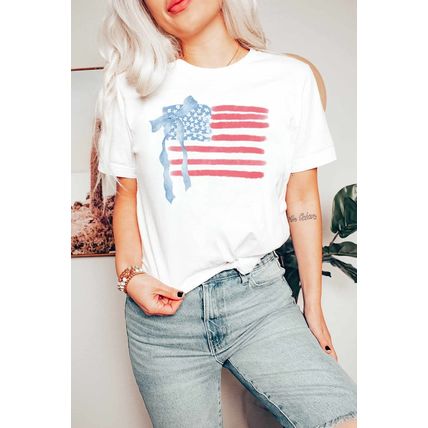 White American Flag Bow Knot Print Crew Neck T Shirt