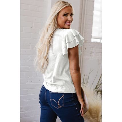 White Layered Ruffle Short Sleeve Round Neck Top