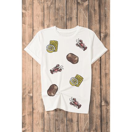 White Sequin Crawfish Potato Lemon Corn Graphic Crewneck T Shirt