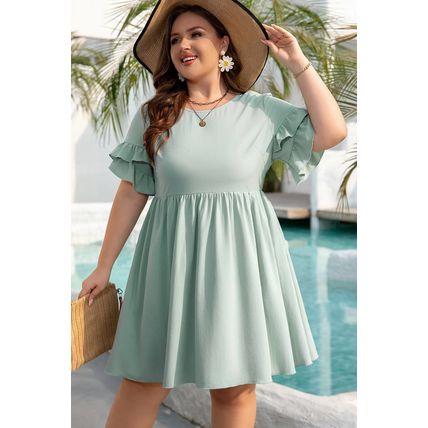 Grass Green Ruffle Trim Short Sleeve Plus Size Flared Mini Dress