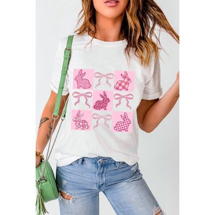 White Bunny Bowknot Graphic Easter Fashion T Shirt