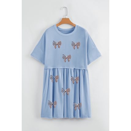 Sky Blue Star and Stripes Sequin Bow Patched T Shirt Babydoll Dress