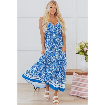 Blue Paisley V Neck Crisscross Backless Maxi Dress