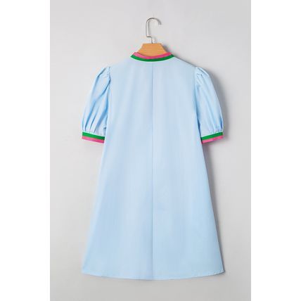 Myosotis Contrast Striped Notched V Neck Puff Sleeve Mini Dress
