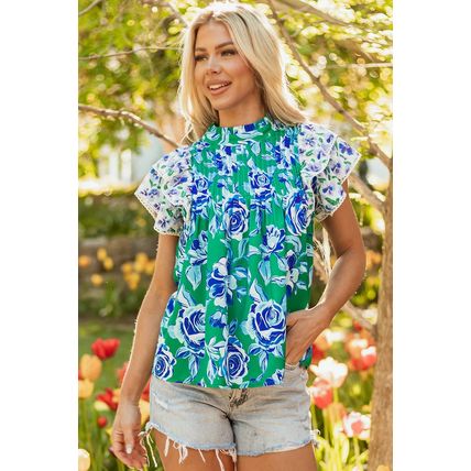 Green Floral Print Lace Trim Contrast Ruffle Sleeve Pleated Loose Blouse