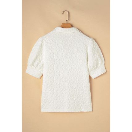 White Textured Puff Half Sleeve Collared V Neck Top