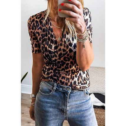 Black Leopard Wrapped V Neck Slim Short Sleeve Top