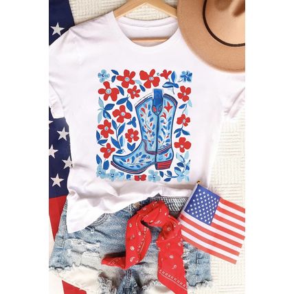 White Floral Western Boots Printed Cotton Blend T Shirt