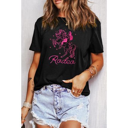 Black Cowgirl Rodeo Embroidered Pattern Western Fashion Tee