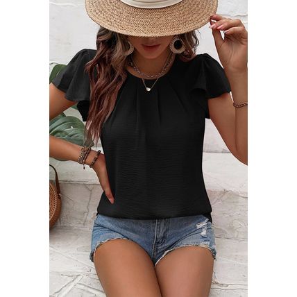Black Flounce Sleeve Pleated Textured Blouse